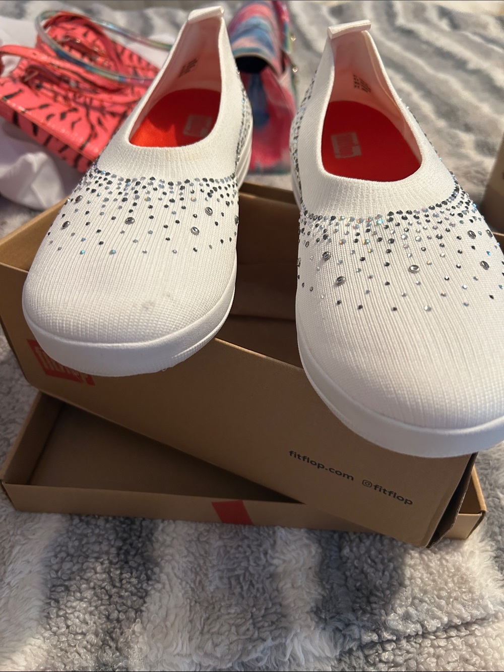 Fitflop Kids White Slip-On Shoes with Crystal Embellishments